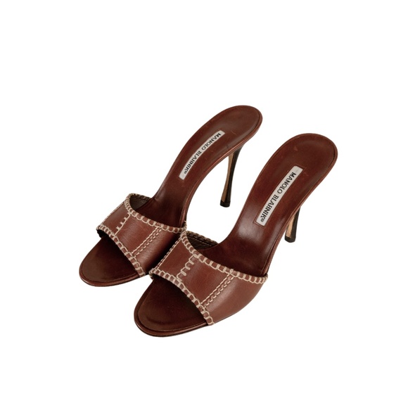 Manolo Blahnik Brown Leather Stitched Sandal Heels - Picture 3 of 6